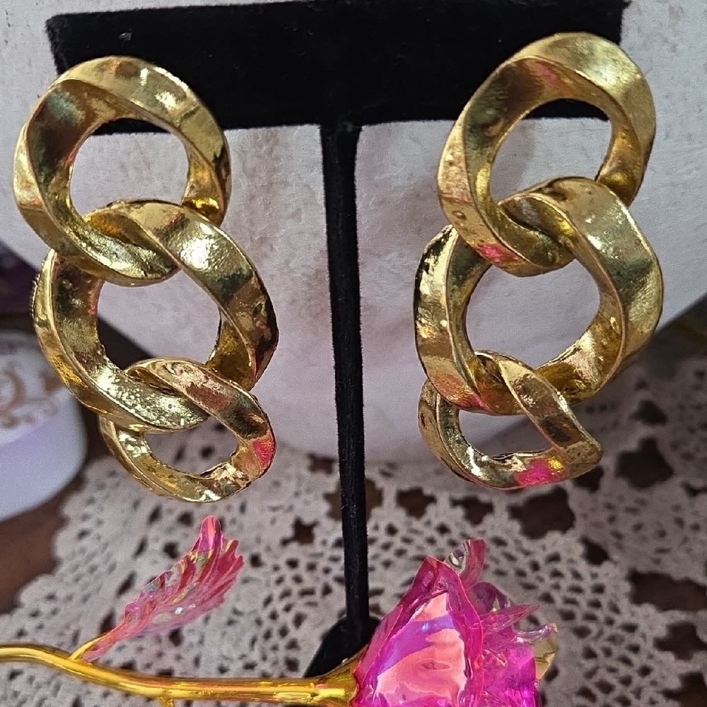 Gold-Tone Linked  Vintage Hoop Drop Earrings - Women Jewelry